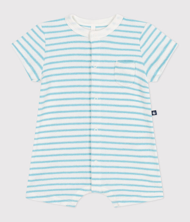 Babies' stripy cotton terry playsuit blue/blue