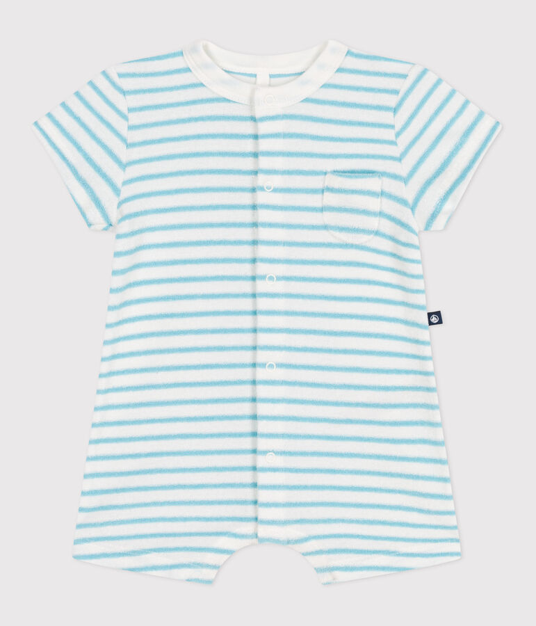 Babies' stripy cotton terry playsuit MARSHMALLOW blue/AQUATIC