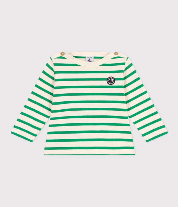 Babies' Thick Cotton Breton Top Ecru/green
