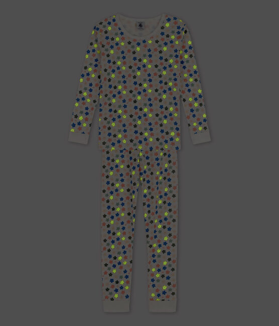 Girls' Glow-In-The-Dark Retro Floral Snugfit Cotton Pyjamas MARSHMALLOW white/MULTICO white