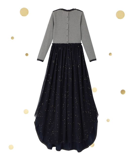 Girl's long-sleeved dress with a 2-in-1 look Petit bateau x Marie-Agnès Gillot SMOKING blue/COQUILLE beige