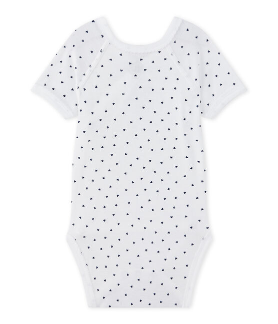Newborn baby girls' short-sleeved printed bodysuit ECUME white/MEDIEVAL blue