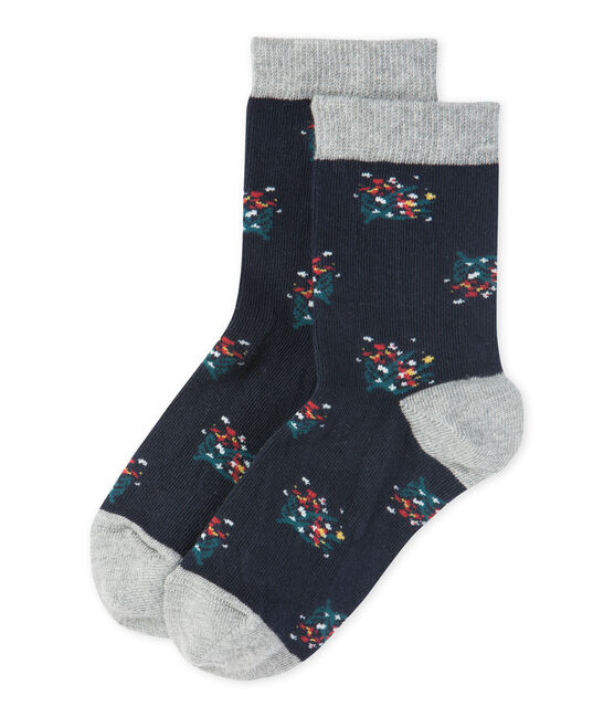 Girl's flower motif socks SMOKING blue/MULTICO white