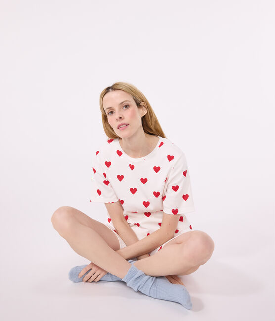Women's Heart Themed Cotton Short Pyjamas MARSHMALLOW white/TERKUIT red