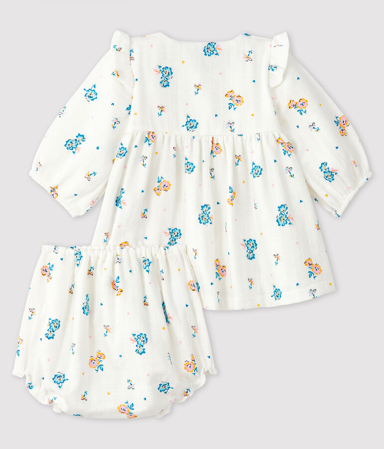 Long-sleeved floral dress with baby girl bloomers in nappy fabric white/multicolor