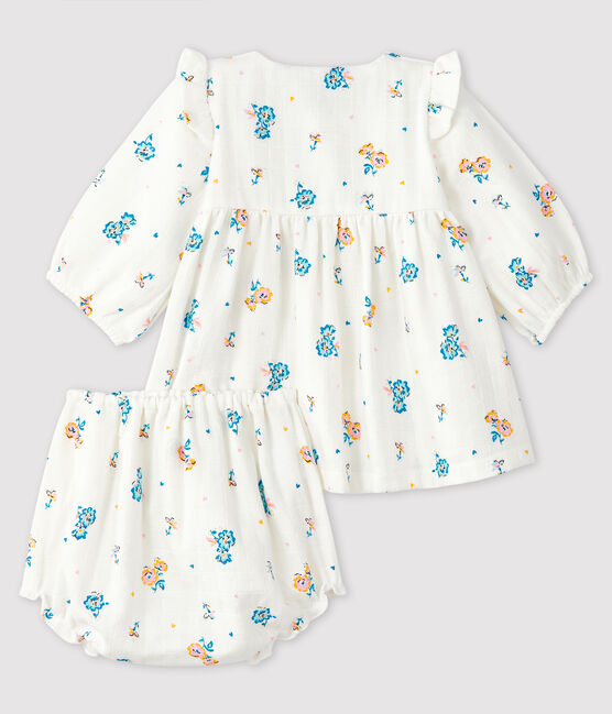 Long-sleeved floral dress with baby girl bloomers in nappy fabric MARSHMALLOW white/MULTICO white
