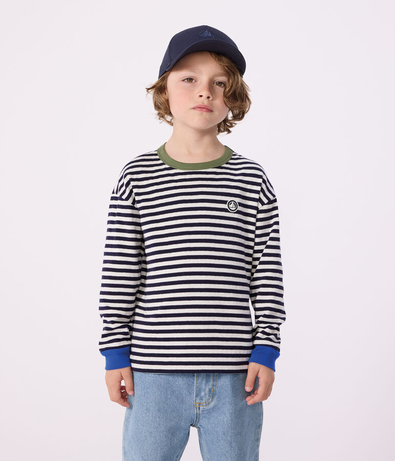 Children's long-sleeved stripy cotton T-shirt blue/ecru