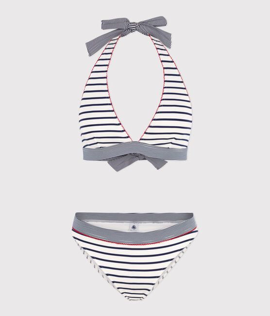 Women's two-piece stripy swimsuit MARSHMALLOW white/MEDIEVAL blue