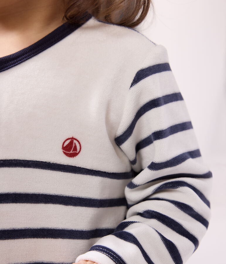 Babies' Stripy Velour Pyjamas MARSHMALLOW white/SMOKING blue