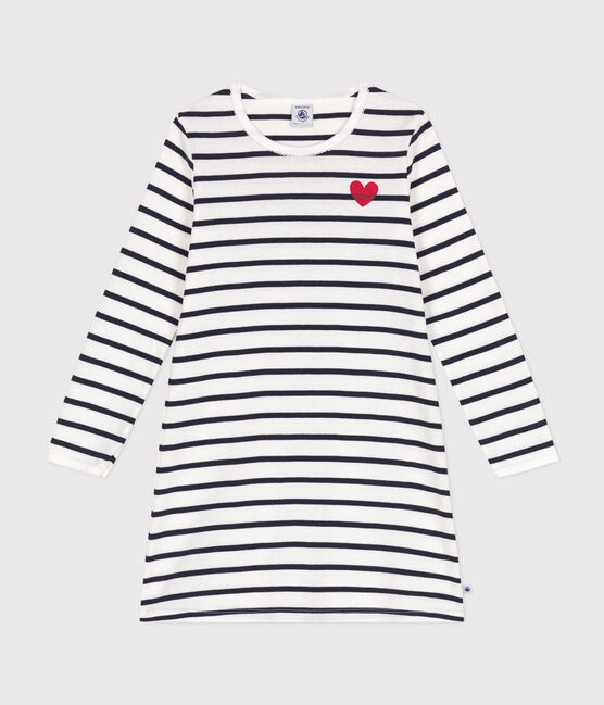 Children's stripy cotton nightdress MARSHMALLOW white/SMOKING blue