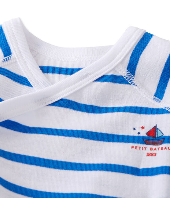Newborn baby boy long-sleeved striped bodysuit ECUME white/DELPHINIUM blue