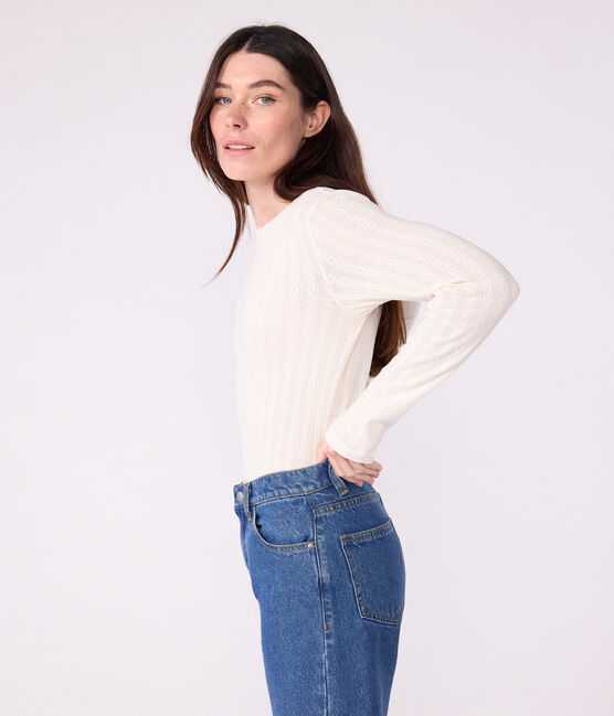 Women's Iconic long-sleeved openwork cotton T-shirt MILK Ecru
