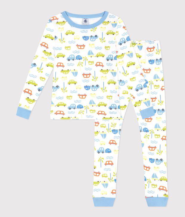 Children's very snug-fitting car print cotton pyjamas white/multicolor