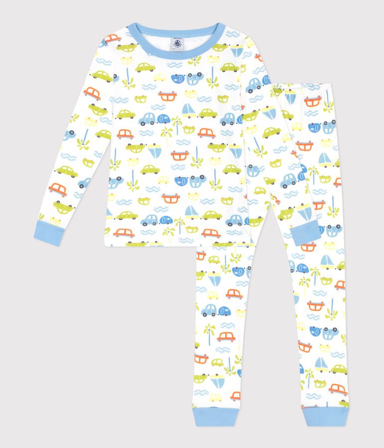 Children's very snug-fitting car print cotton pyjamas MARSHMALLOW white/MULTICO white