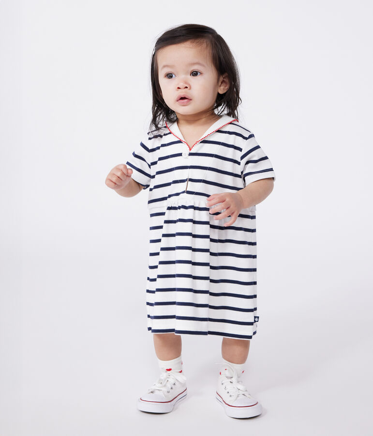 Babies' short-sleeved Breton top with a sailor collar MARSHMALLOW white/SMOKING blue