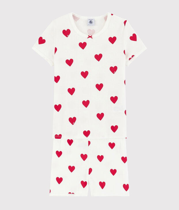 Girls' Heart Patterned Cotton Short Pyjamas white/red