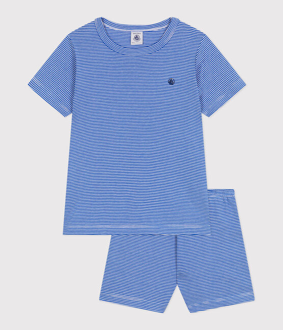 Children's short stripy cotton pyjamas PERSE blue/MARSHMALLOW white