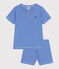 Children's short stripy cotton pyjamas PERSE blue/MARSHMALLOW white