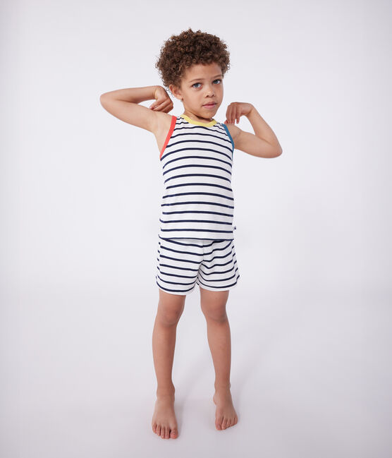 Children's short stripy tank top cotton pyjamas MARSHMALLOW white/SMOKING blue