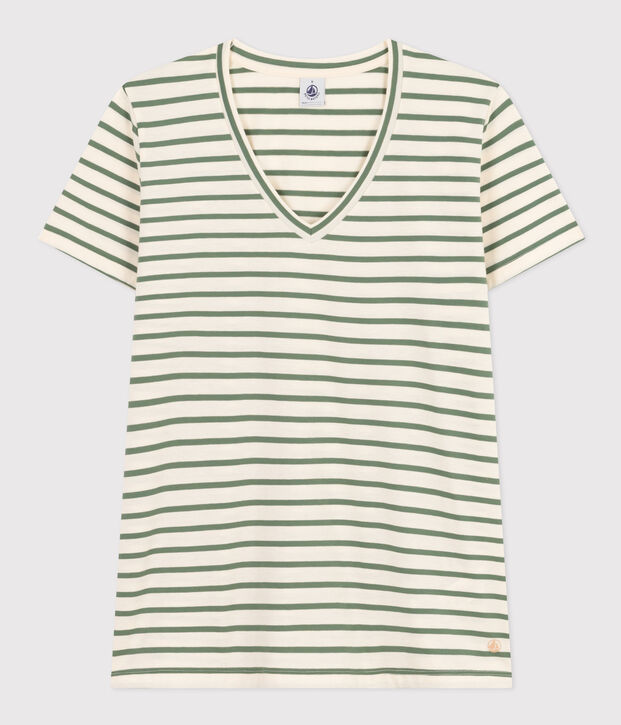 Women's The Straight V-Neck Striped Cotton T-Shirt Ecru/green