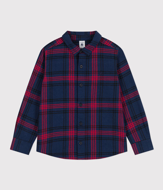 Boys' checked cotton flannel shirt SMOKING blue/MULTICO white