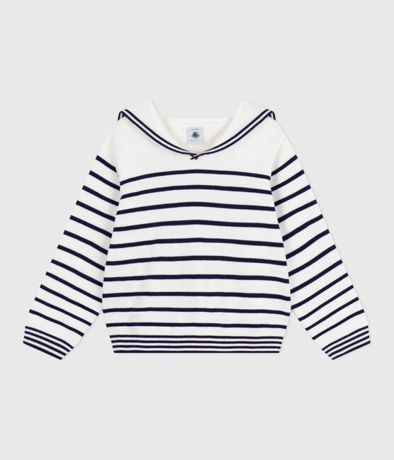 Children's stripy cotton sailor jumper MARSHMALLOW blue/SOIR