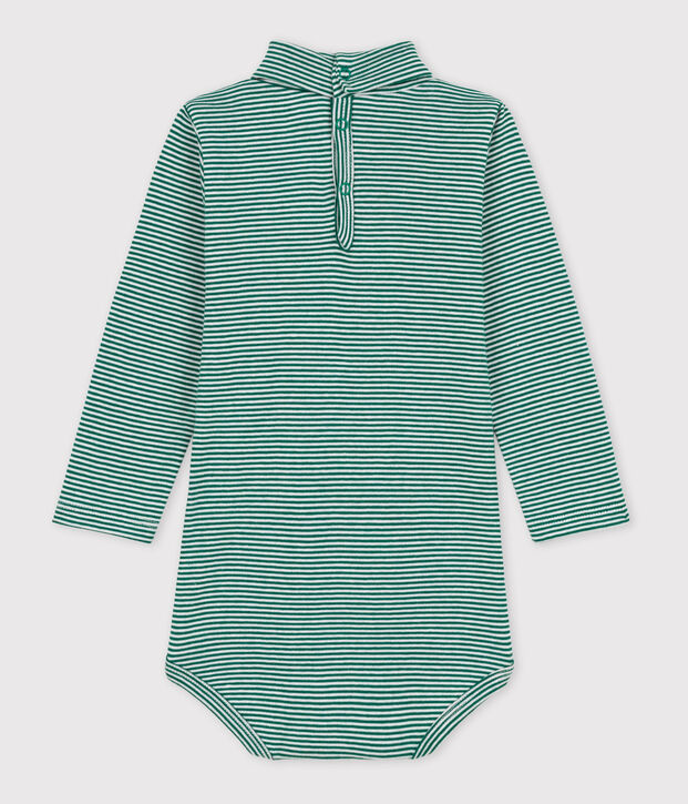 Babies' Stripy Long-Sleeved Roll Neck Cotton Bodysuit green/white