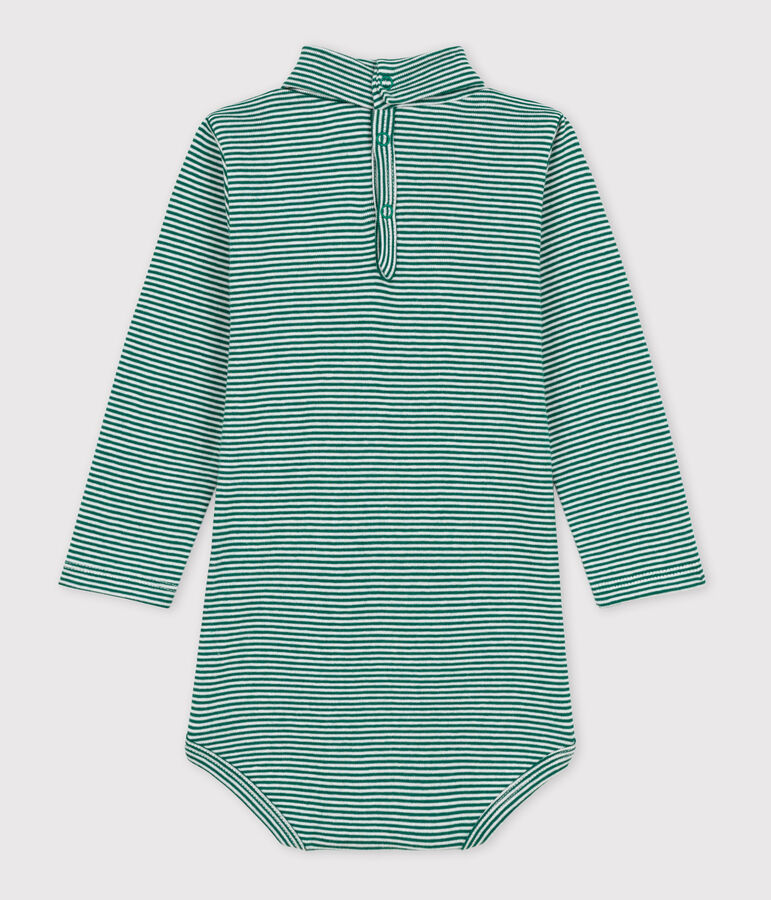 Babies' Stripy Long-Sleeved Roll Neck Cotton Bodysuit EVERGREEN /MARSHMALLOW