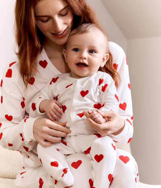Baby cotton pyjamas with red hearts MARSHMALLOW white/TERKUIT red