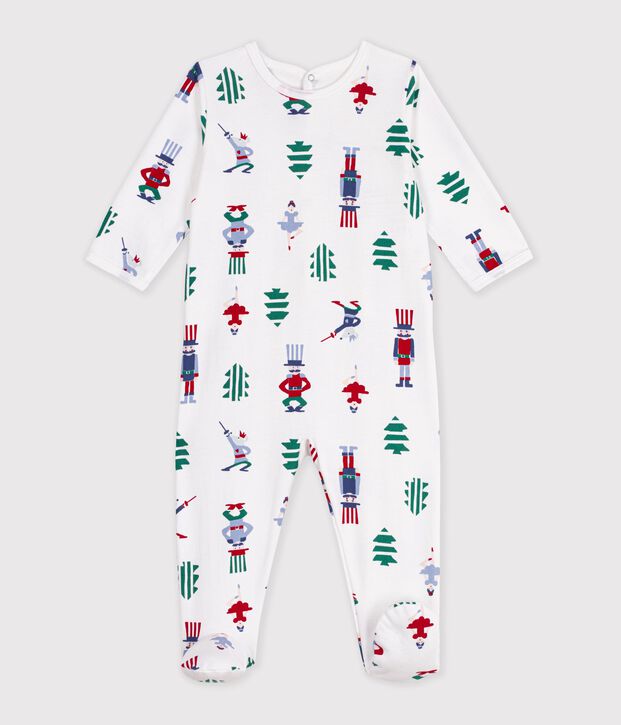 Babies' Christmas-print fleece pyjama suit with a back opening white/multicolor