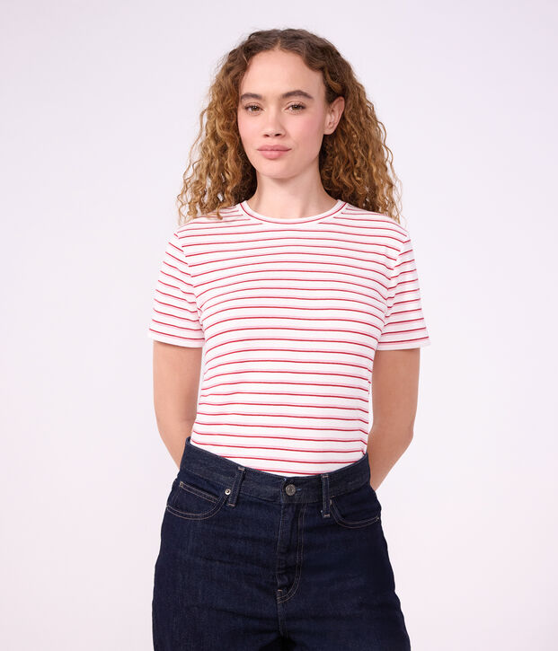 Women's short-sleeved stripy cotton T-shirt white/red