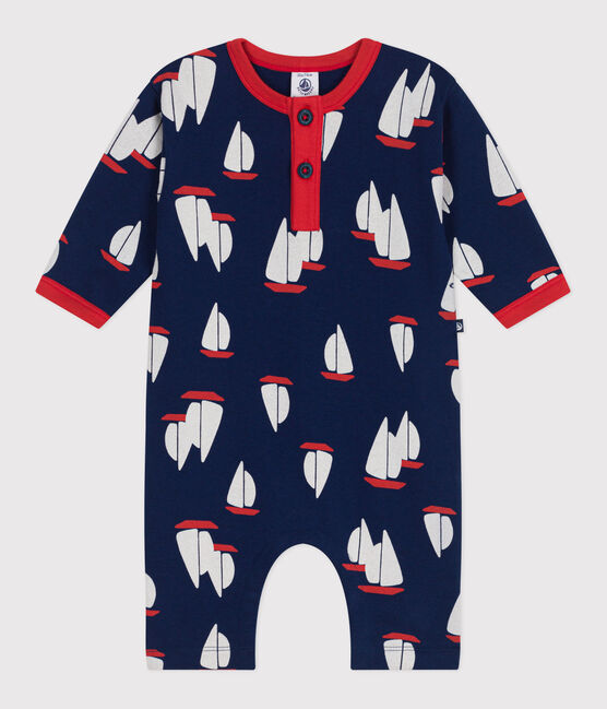 Babies' long-sleeved cotton playsuit printed with boats MEDIEVAL blue/MULTICO white