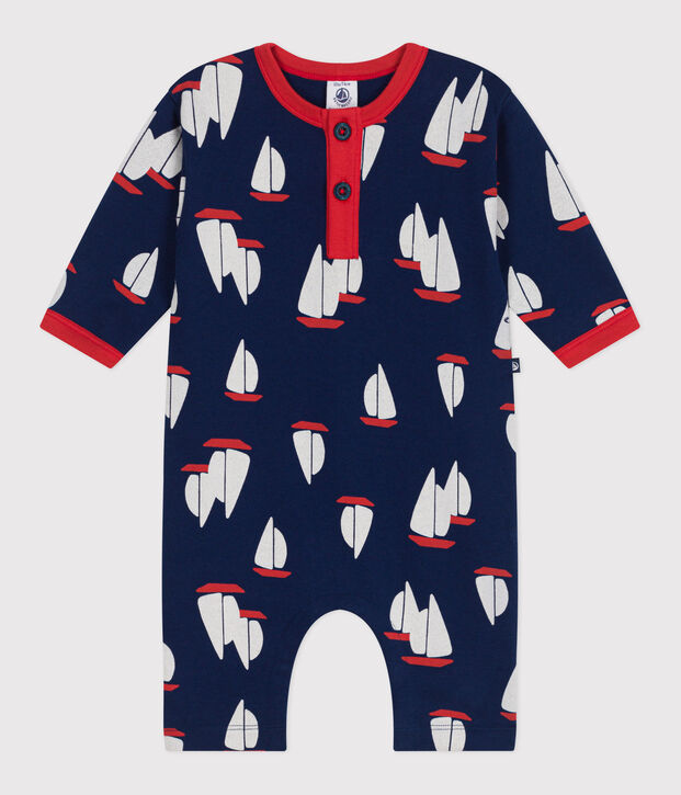 Babies' long-sleeved cotton playsuit printed with boats blue/multicolor
