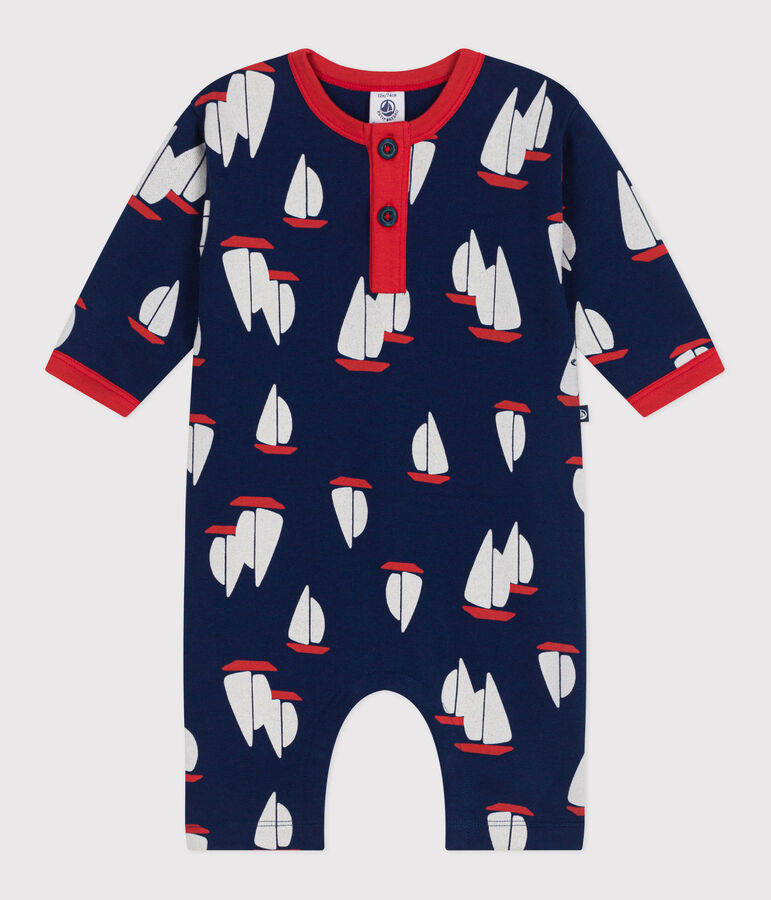 Babies' long-sleeved cotton playsuit printed with boats blue/multicolor