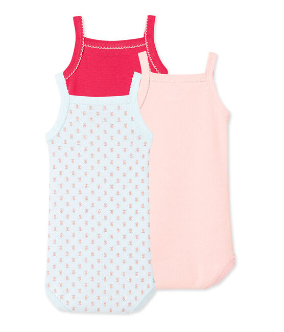 Pack of three baby girl bodysuits with straps . white