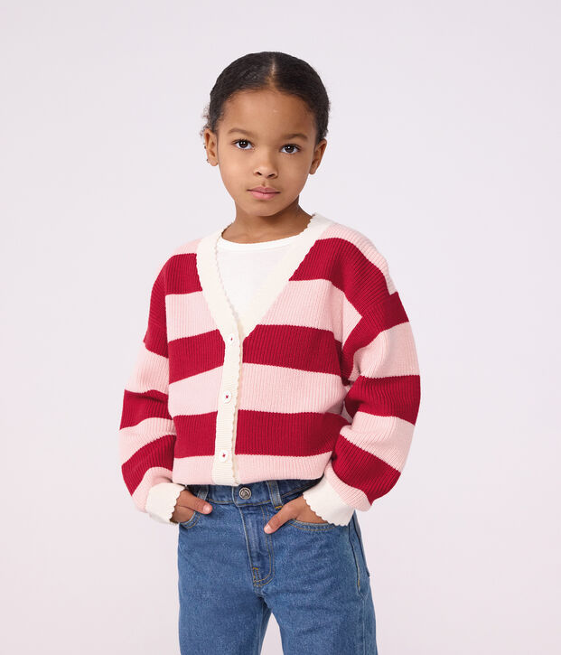 Children's stripy wool and cotton cardigan pink/pink