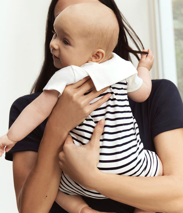Babies' short stripy cotton playsuit with a sailor collar blue/blue