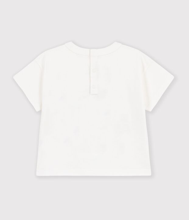 Babies' plain short-sleeved patterned cotton T-shirt white