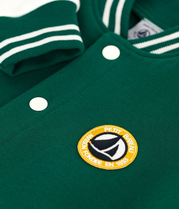 Children's varsity-style jacket in plain cotton green/ecru