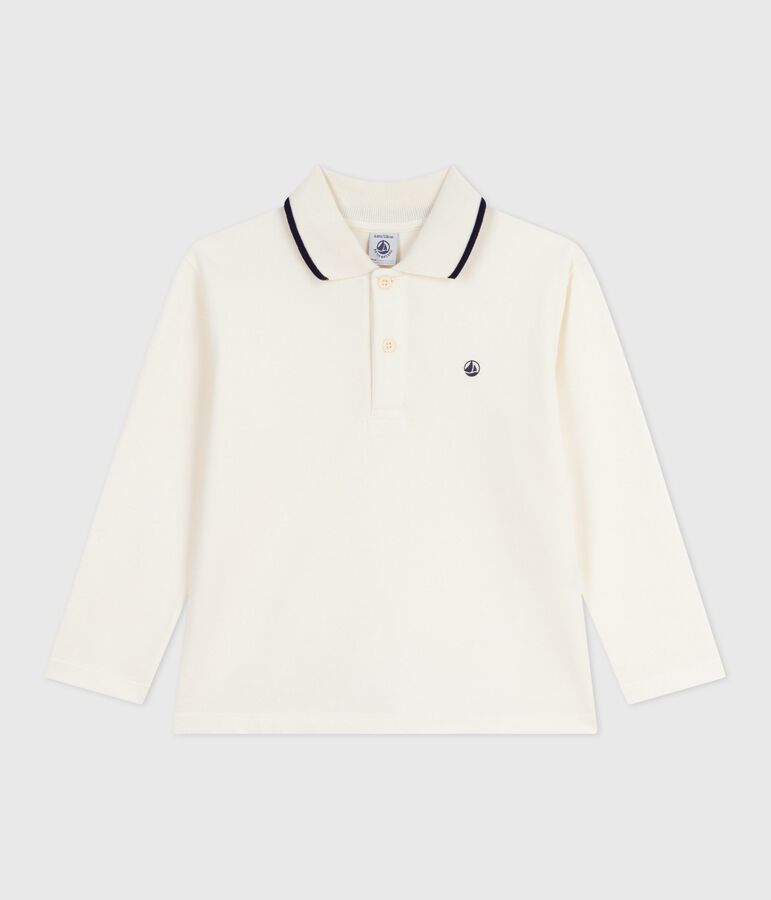 Children's long-sleeved printed cotton polo shirt Ecru