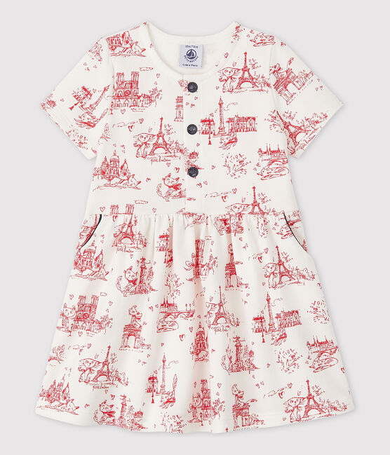 Baby girls' short-sleeved fleece dress MARSHMALLOW white/TERKUIT red