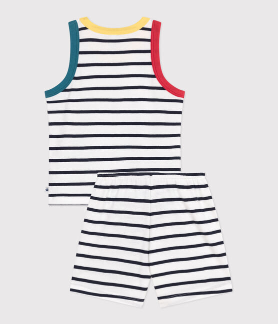 Children's short stripy tank top cotton pyjamas MARSHMALLOW white/SMOKING blue
