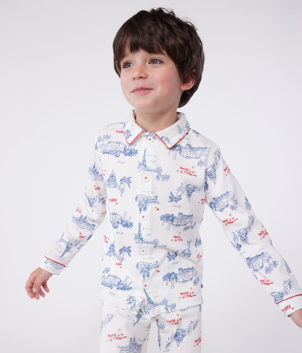 Children's Paris print cotton pyjamas with buttons white/multicolor