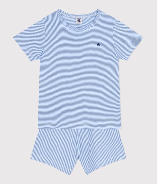 Children's short stripy cotton pyjamas blue/white