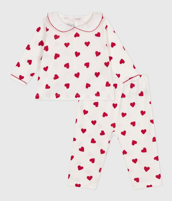 Babies' two-piece pyjamas printed with hearts MARSHMALLOW white/TERKUIT red