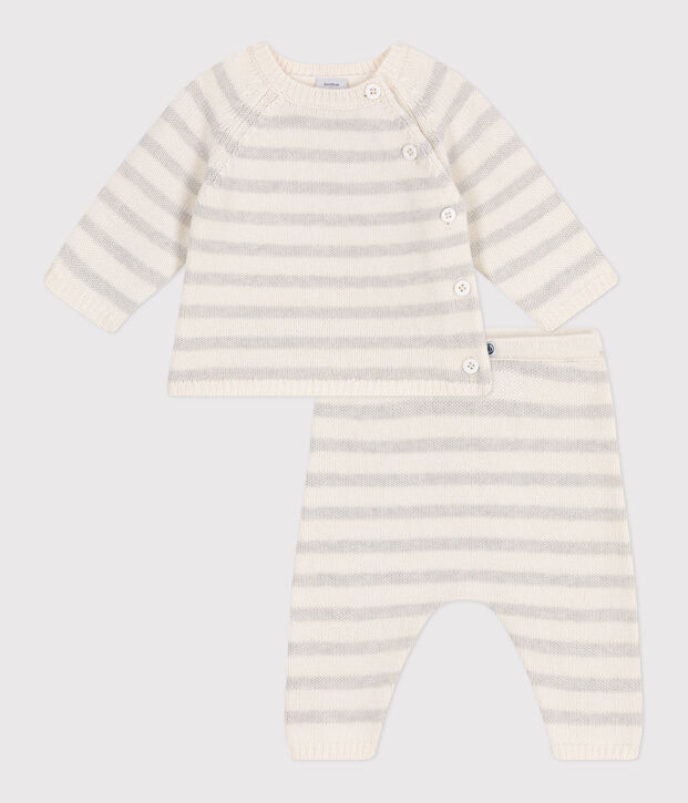 Babies' two-piece set in a wool and cotton knit white/beige
