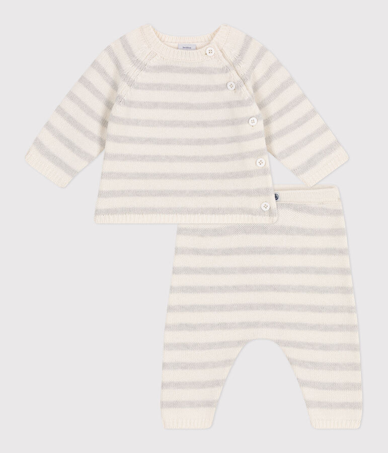 Babies' two-piece set in a wool and cotton knit white/beige