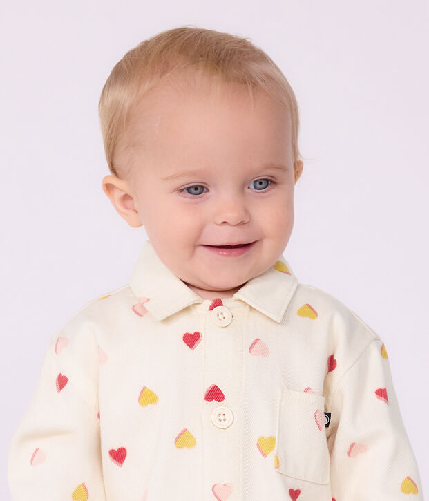 Babies' long jumpsuit in cotton with a heart print Ecru/multicolor
