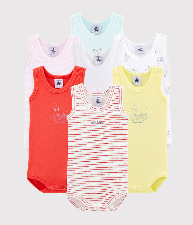 Surprise pack of 7 sleeveless bodysuits for baby boys multicolor