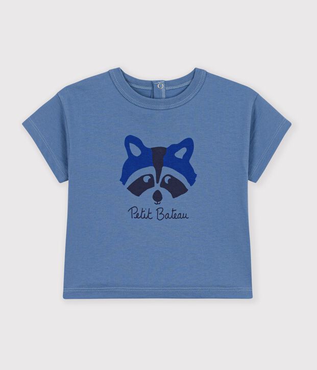 Babies' plain short-sleeved patterned cotton T-shirt blue